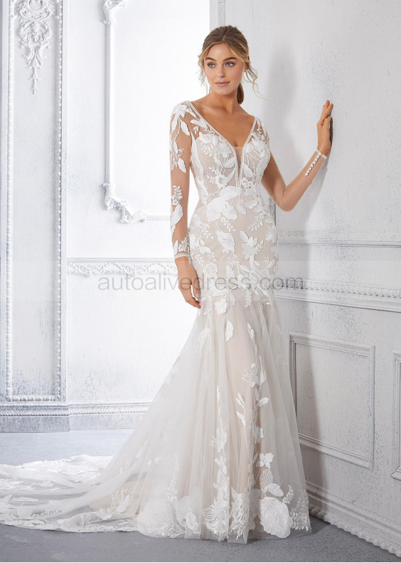 Ivory Floral Lace Tulle Wedding Dress With Cappuccino Lining
